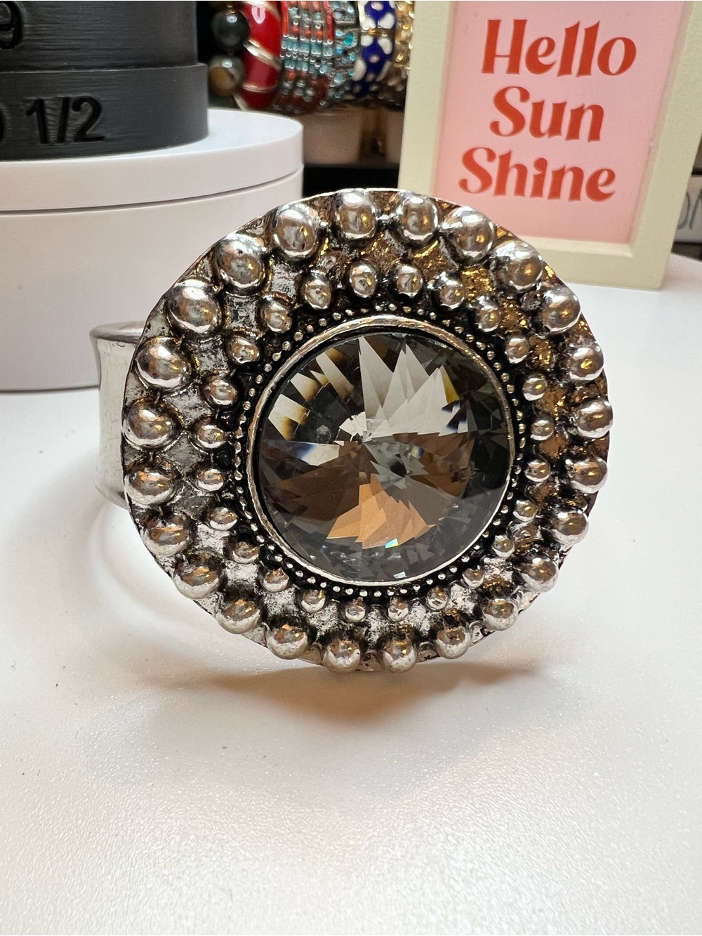 Silver-Tone Crystal Round Statement Bracelet - Sparkling Gray Center